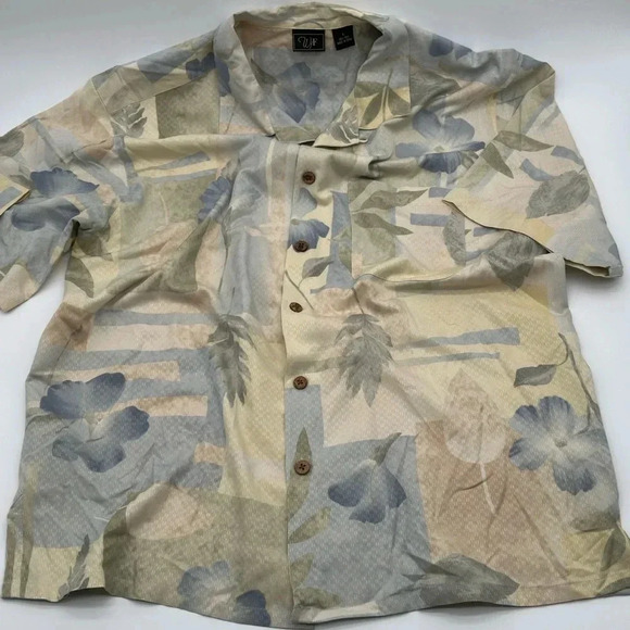 WFF Men's Hawaiian Short Sleeve 100% Silk Shirt Floral Print Blue/Tan Size Large - Picture 1 of 7